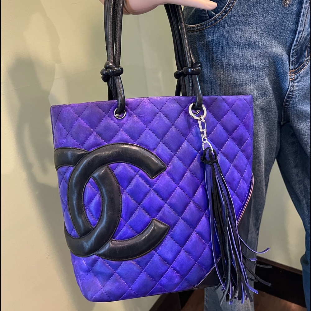 Authentic CHANEL Cambon Line Calf Skin Quilted CC Logo Tote Hand Bag